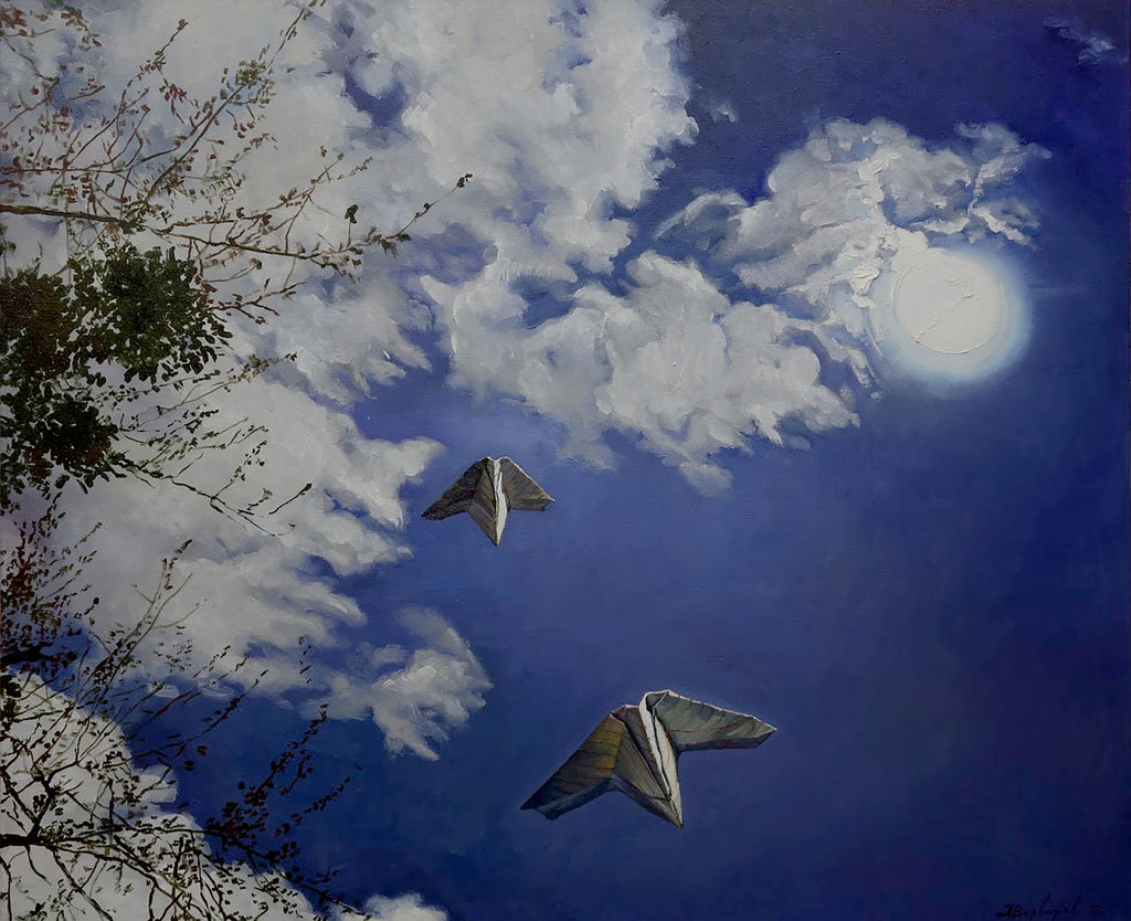 Two butterflies flying in a blue sky with clouds and a bright sun.