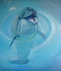 Painting of a dolphin swimming underwater with a blue background