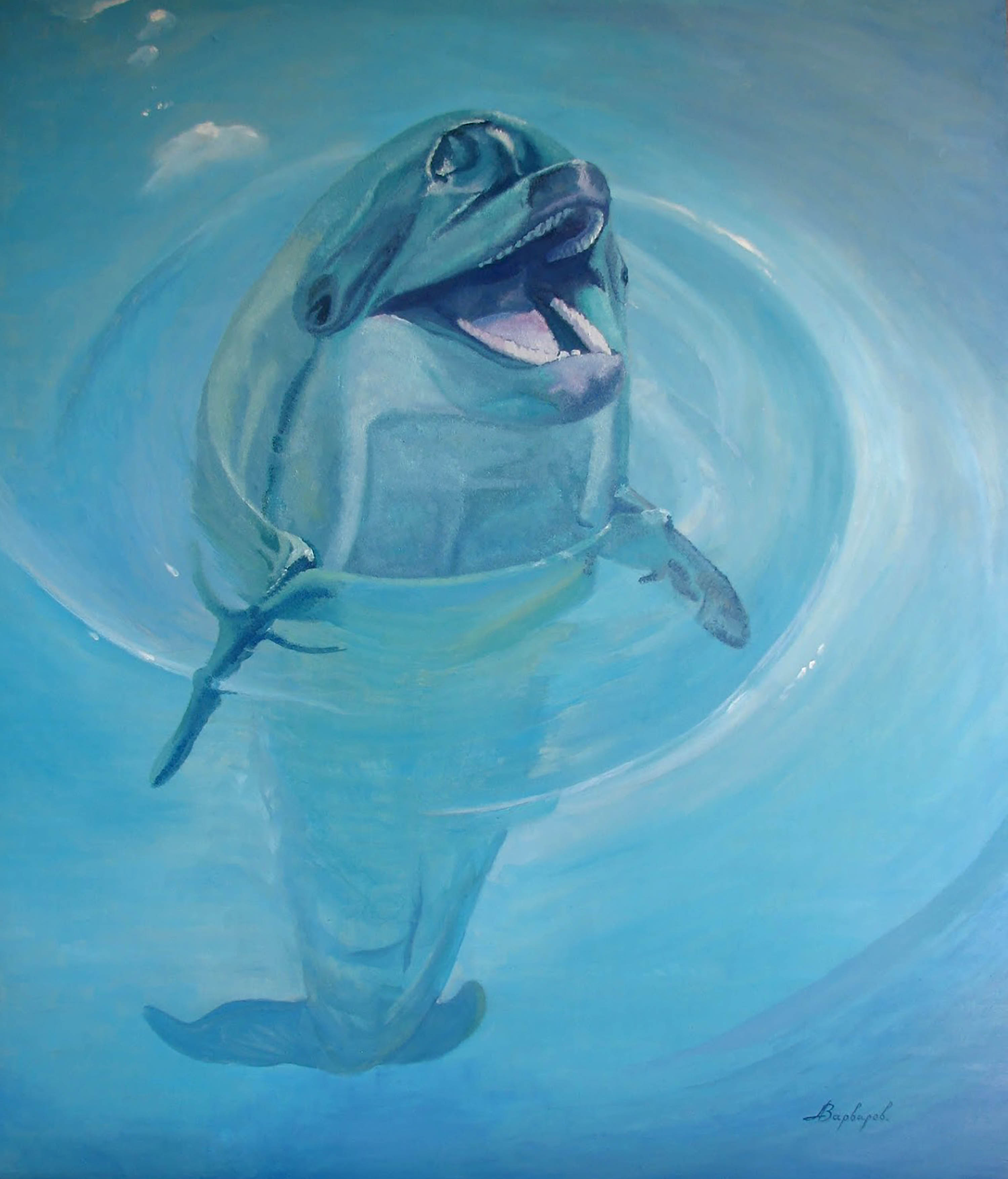 Painting of a dolphin swimming underwater with a blue background