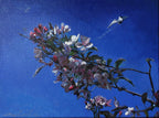 Floral branch with pink and white flowers against a blue background