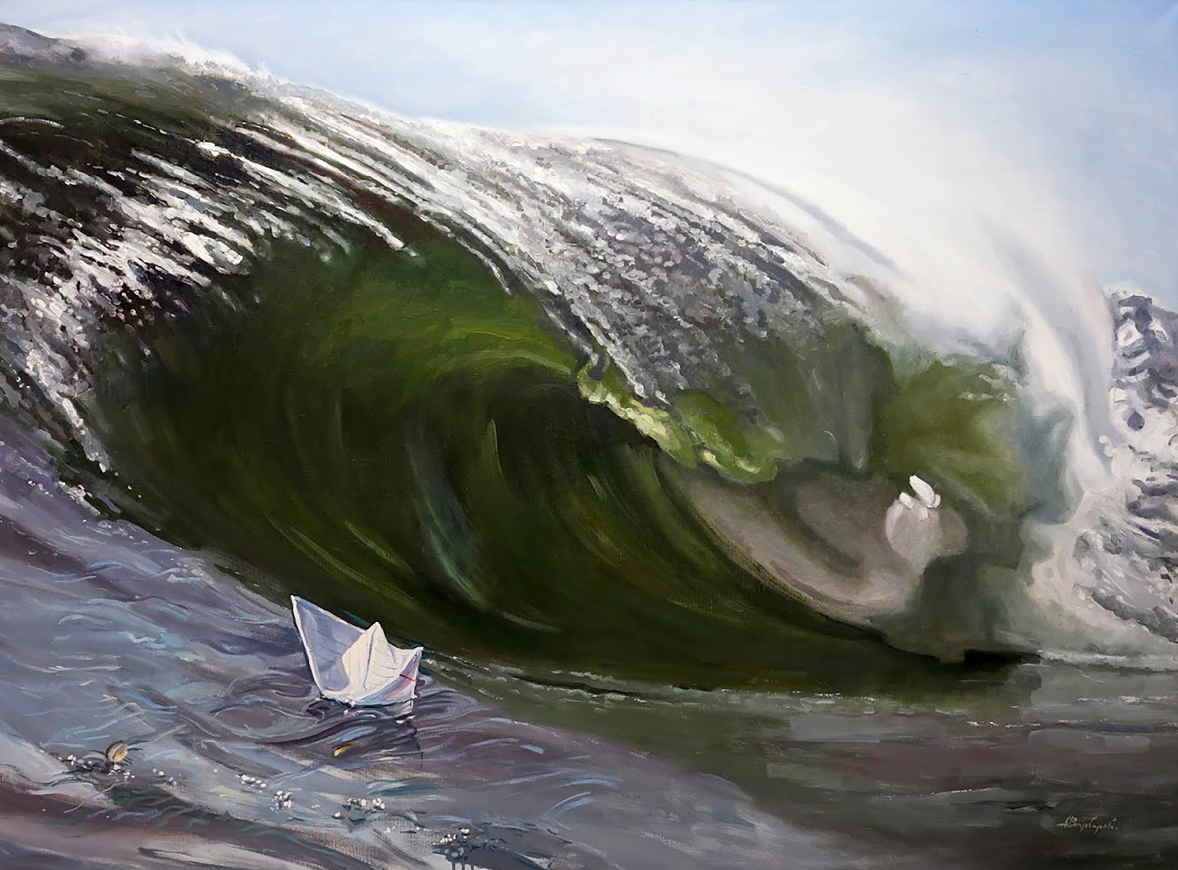 Large wave about to crash over a small paper boat in the ocean.