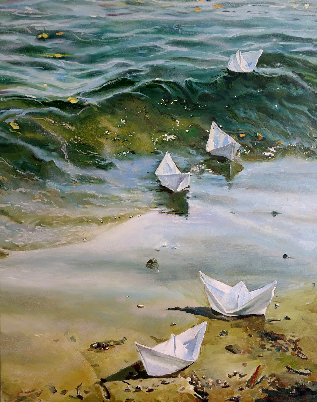 Four white paper boats on a body of water with ripples and reflections.