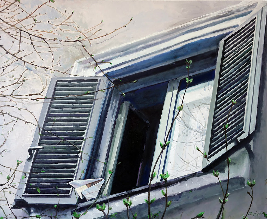 Window with open shutters and branches in front, against a light background
