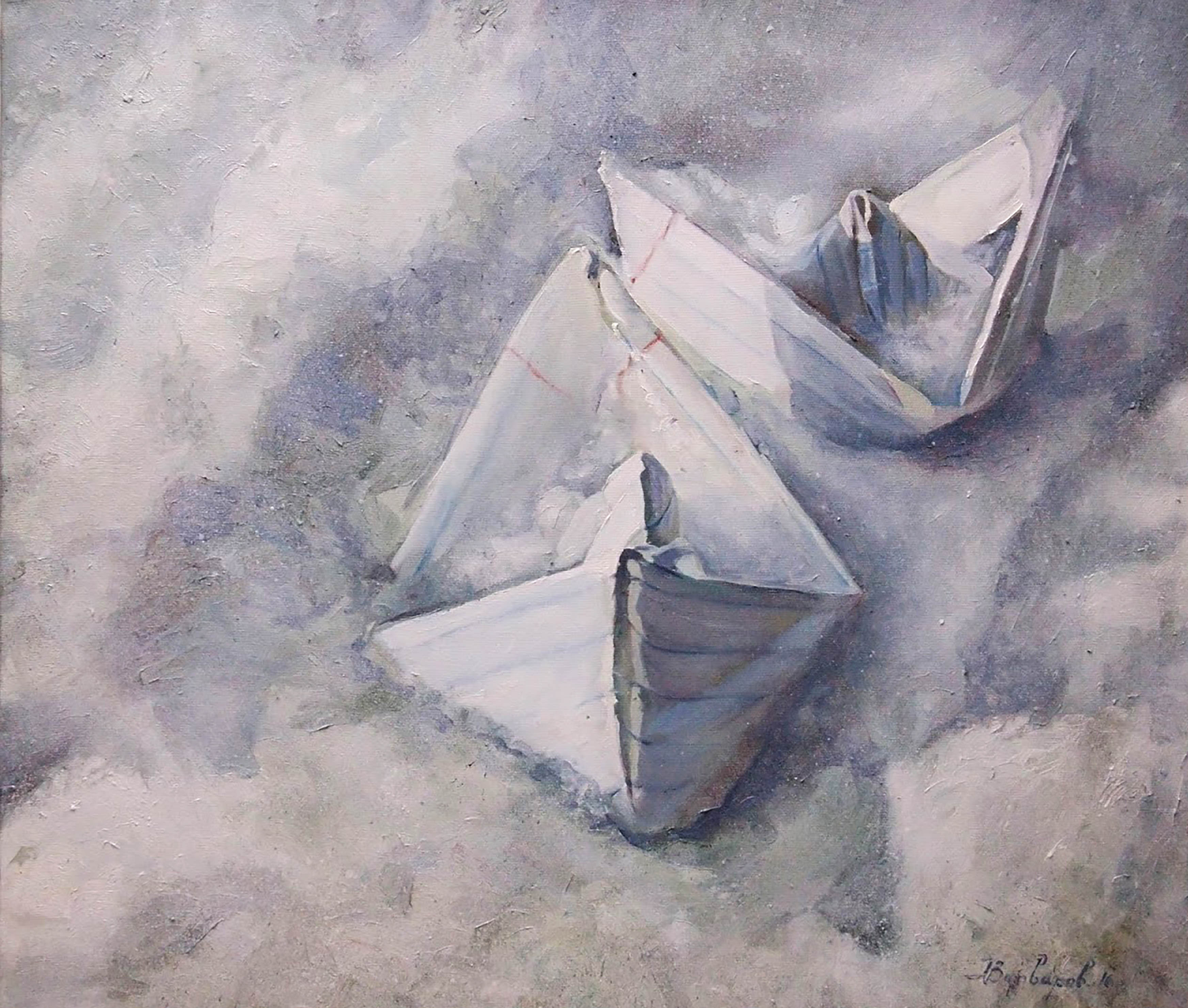 Artistic depiction of sailboats on water with a soft, blurred background