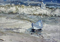 Small sailboat on a sandy beach with waves crashing in the background