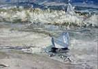 Small sailboat on a sandy beach with waves crashing in the background