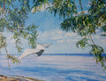 Painting of a paper airplane flying over a landscape with trees and water.