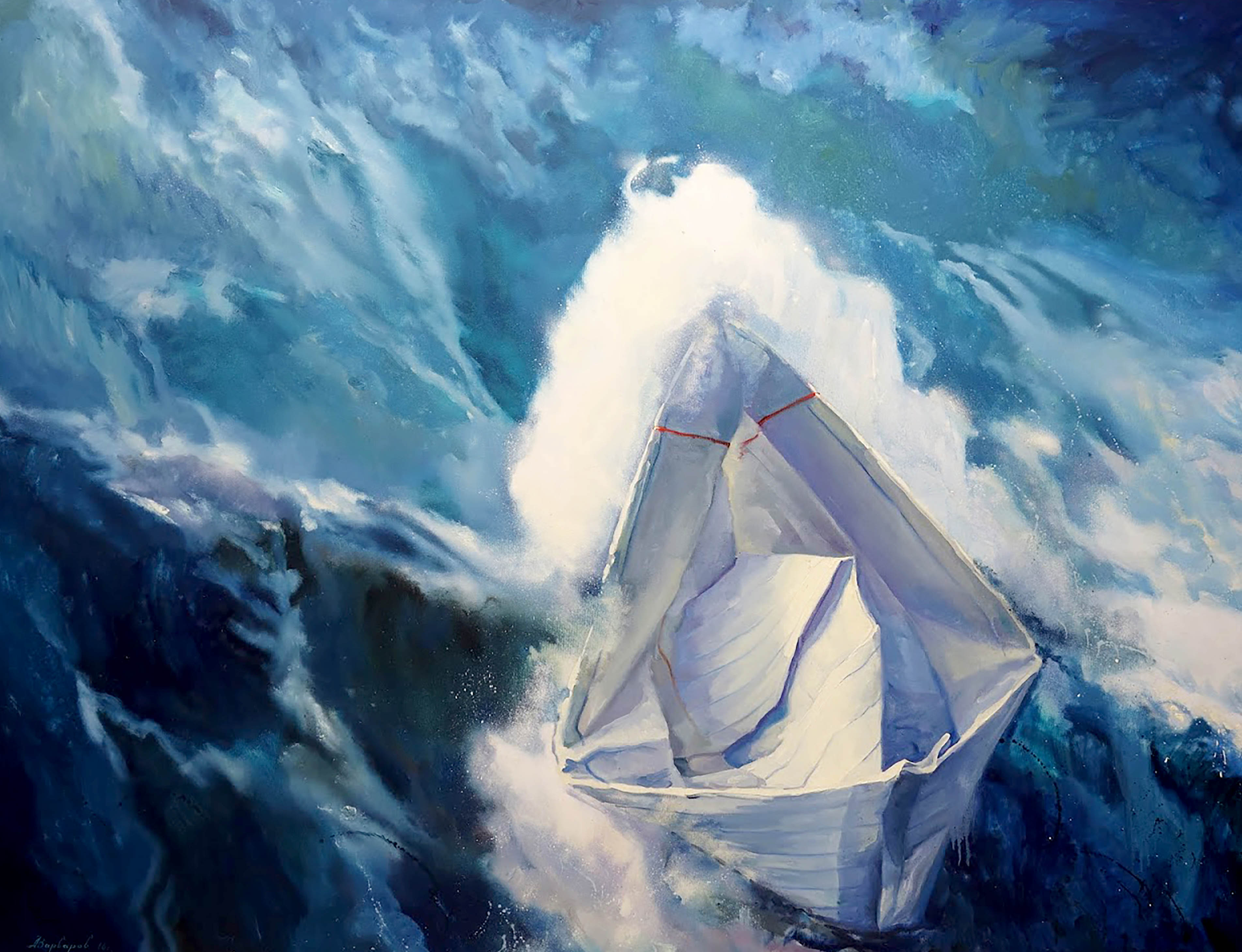 Sailboat in a stormy sea with large waves