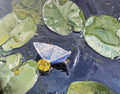 Small boat with a yellow flower on a water surface with lily pads