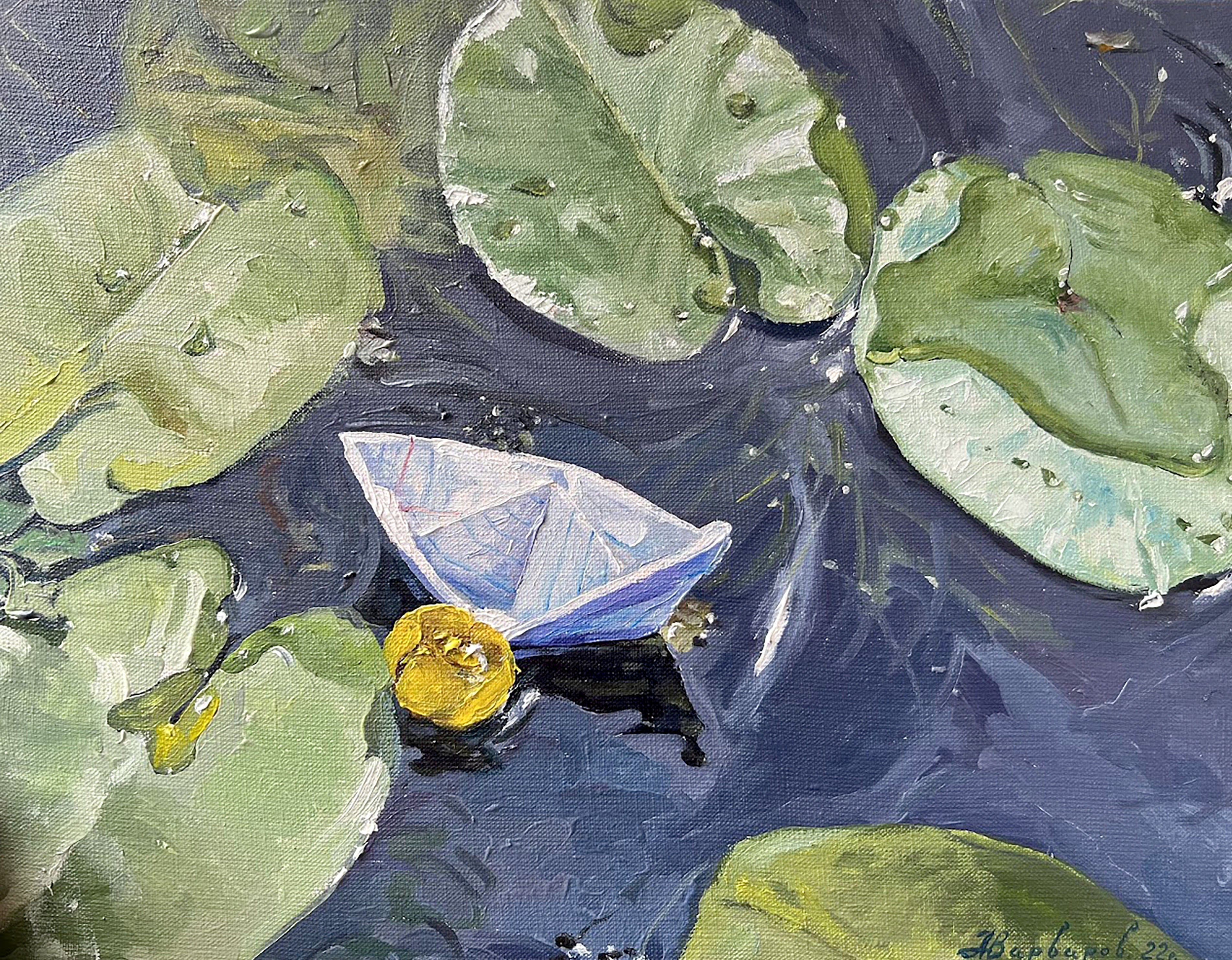 Small boat with a yellow flower on a water surface with lily pads