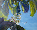 Painting of leaves and flowers with a blue sky background