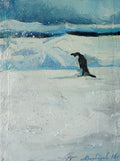 Painting of a penguin standing on a snowy landscape with a textured blue and white background.