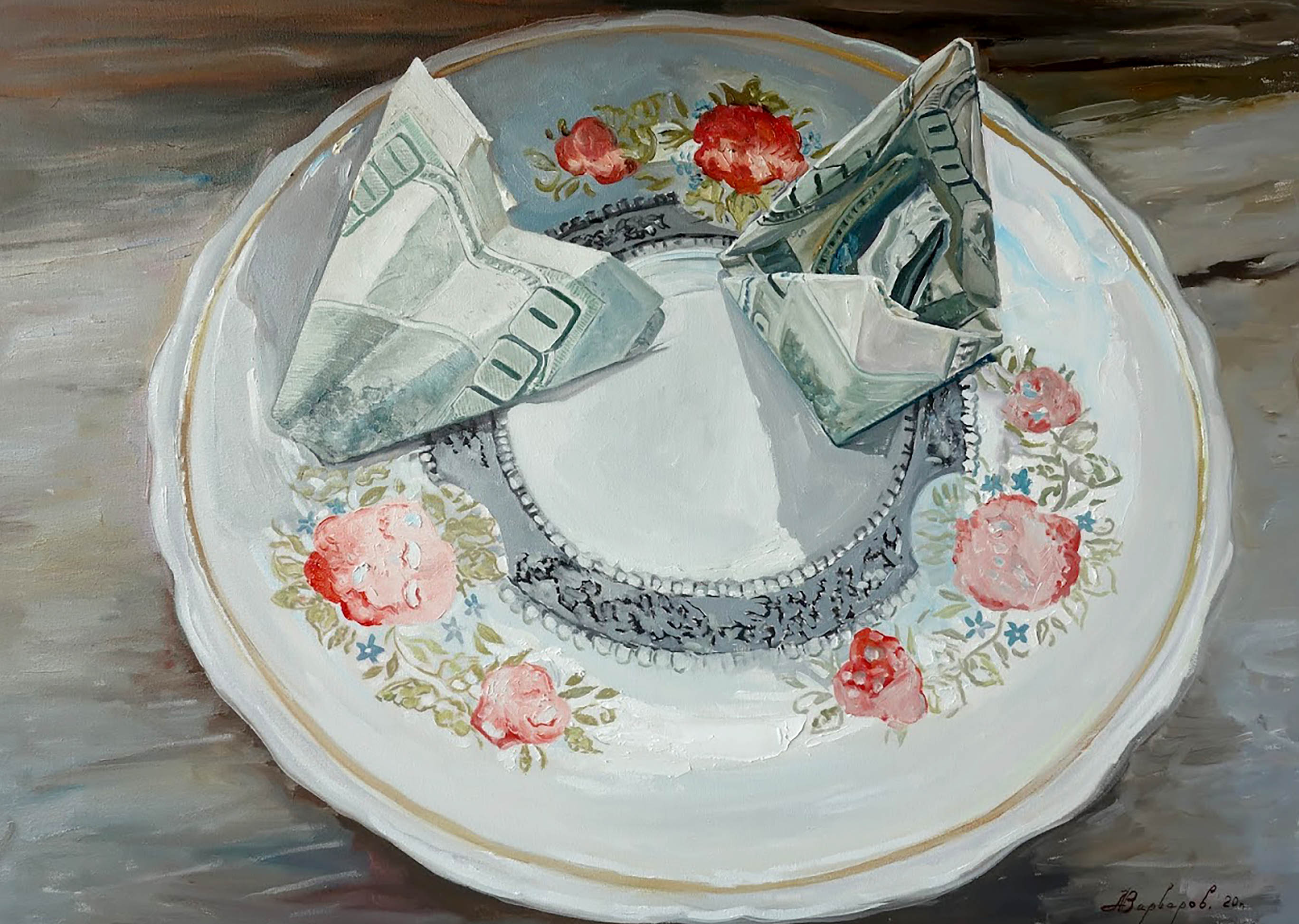 Fragile glass on a decorative plate with floral patterns