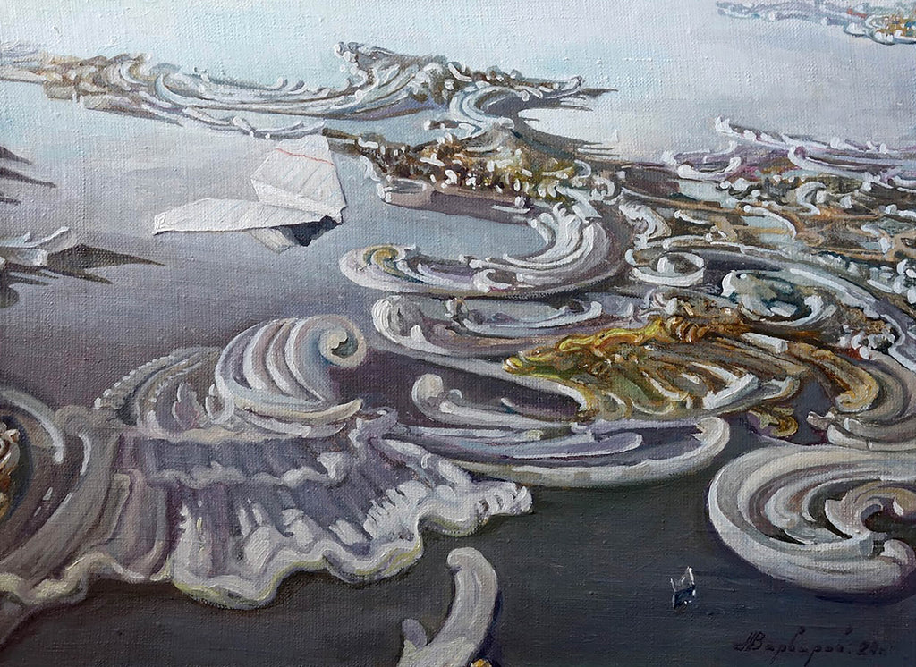 Abstract artwork with swirling patterns and a small figure on a reflective surface