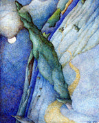 Abstract artwork with a green figure against a blue and white background