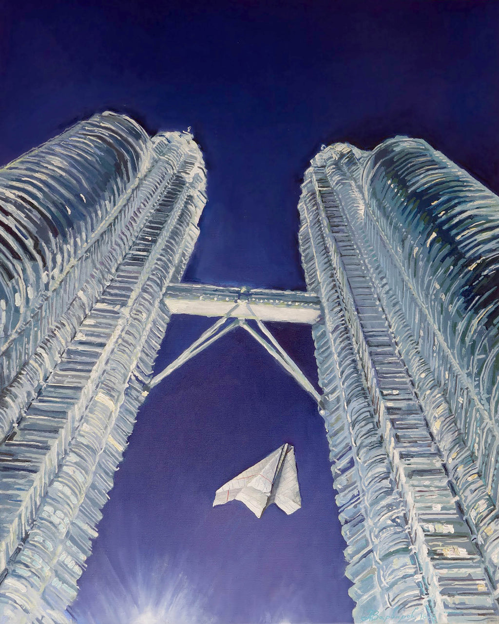 Artistic depiction of a futuristic airplane flying between two ice-covered towers against a dark blue sky.