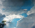 Painting of a paper airplane flying through a blue sky with clouds