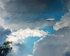Painting of a paper airplane flying through a blue sky with clouds