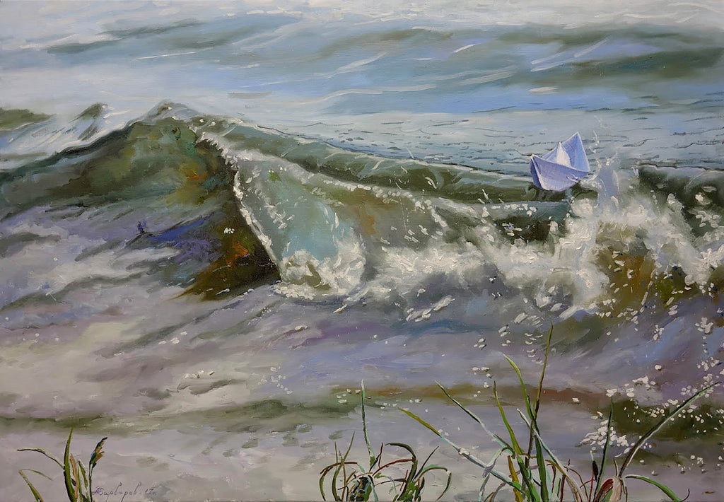Painting of waves crashing on a shore with grass at the bottom
