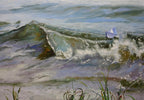 Painting of waves crashing on a shore with grass at the bottom