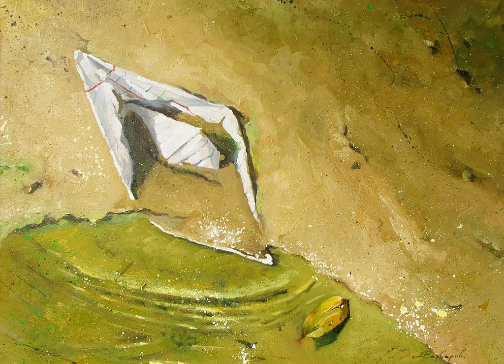 Abstract painting of a sailboat on water with a textured beige background