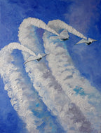 Artistic depiction of airplanes leaving contrails against a blue sky