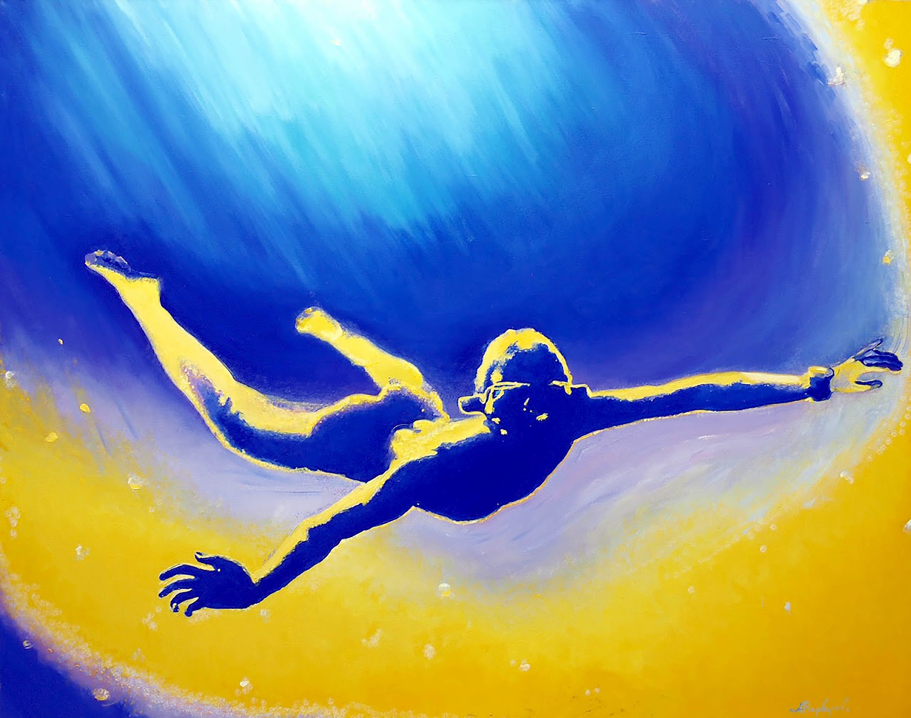 Diver underwater with blue and yellow gradient