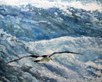 Painting of a bird flying over turbulent ocean waves