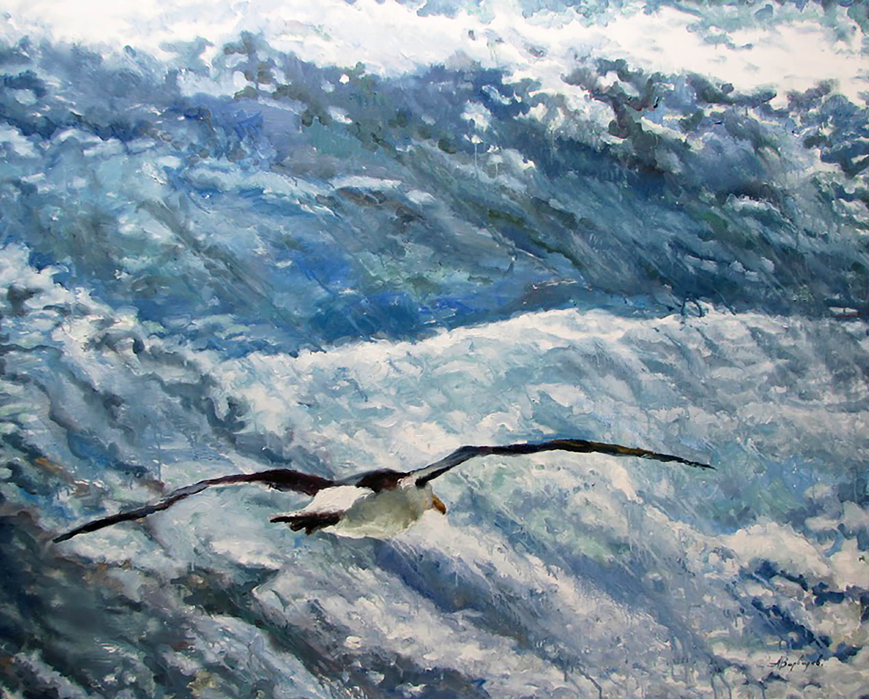 Painting of a bird flying over turbulent ocean waves
