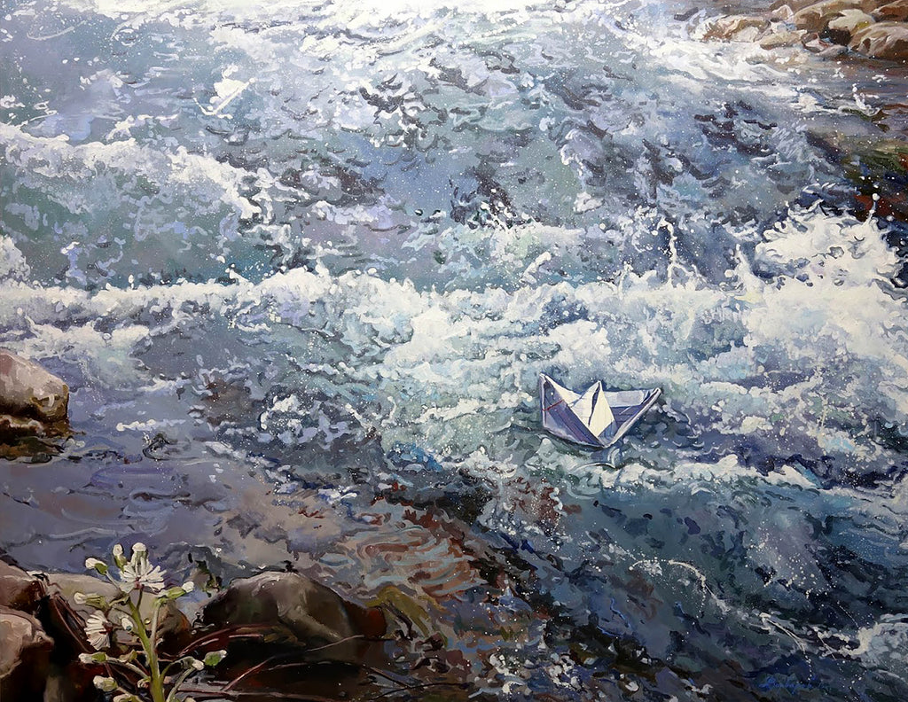 Paper boat in turbulent water with rocks and plants on the shore