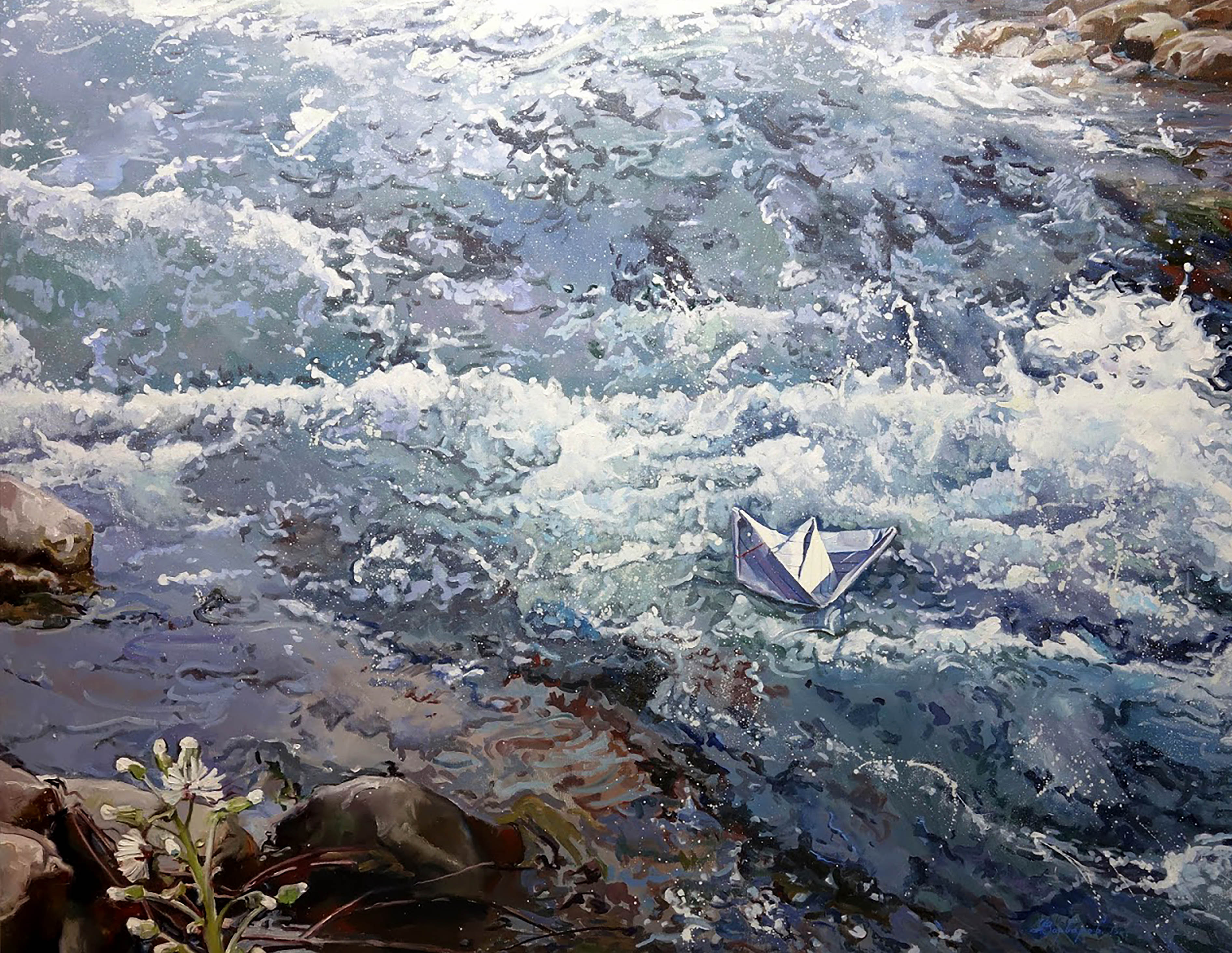 Paper boat in turbulent water with rocks and plants on the shore