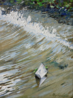 Painting of a small boat on a wave with a signature at the bottom right corner.