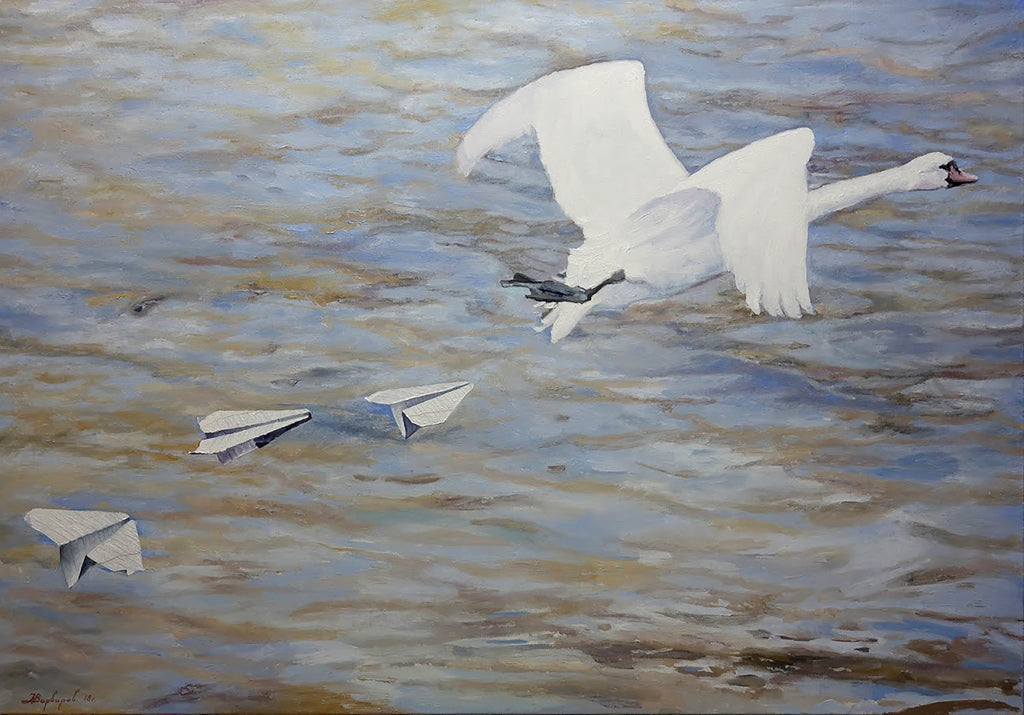 Painting of a swan flying over water with paper airplanes.