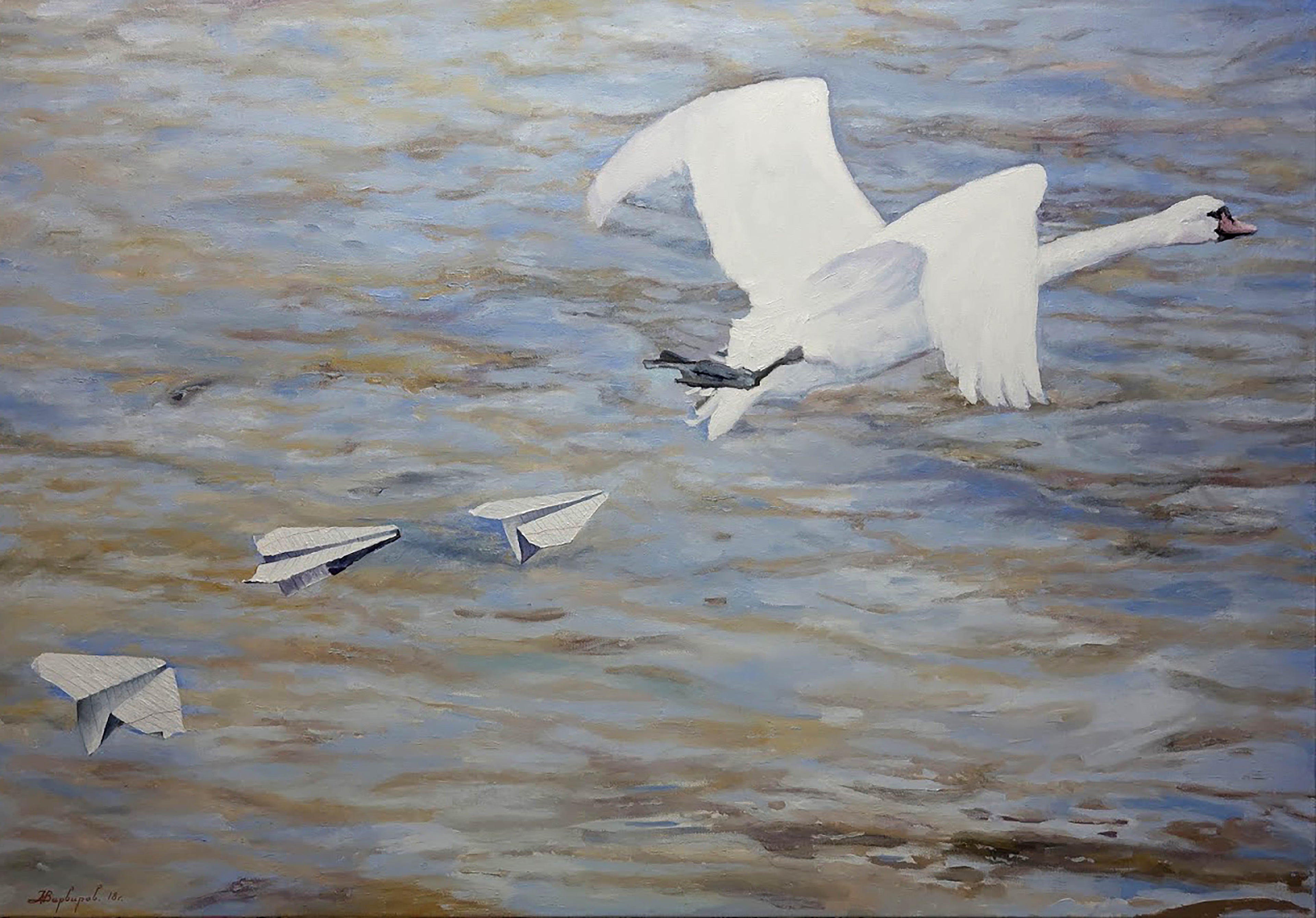 Painting of a swan flying over water with paper airplanes.
