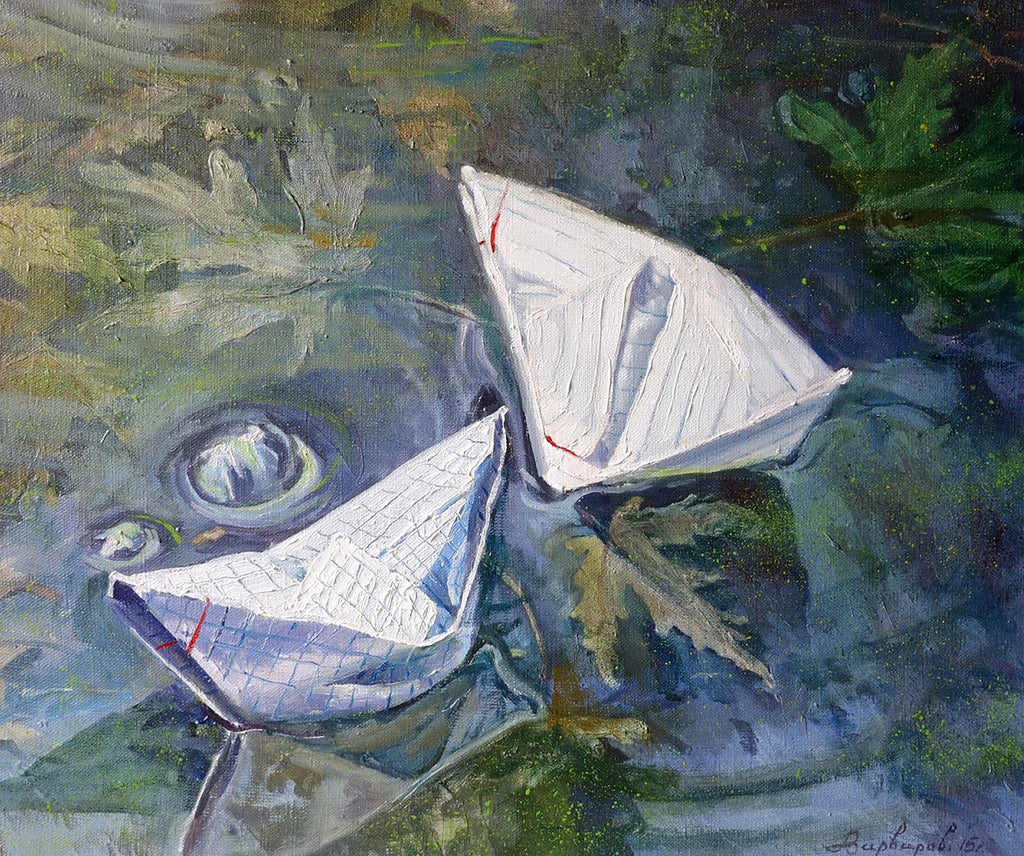 Two paper boats on water with a fish looking at them, painted style
