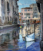 Painting of a canal scene with buildings and boats in Venice, featuring a colorful logo on one of the boats.