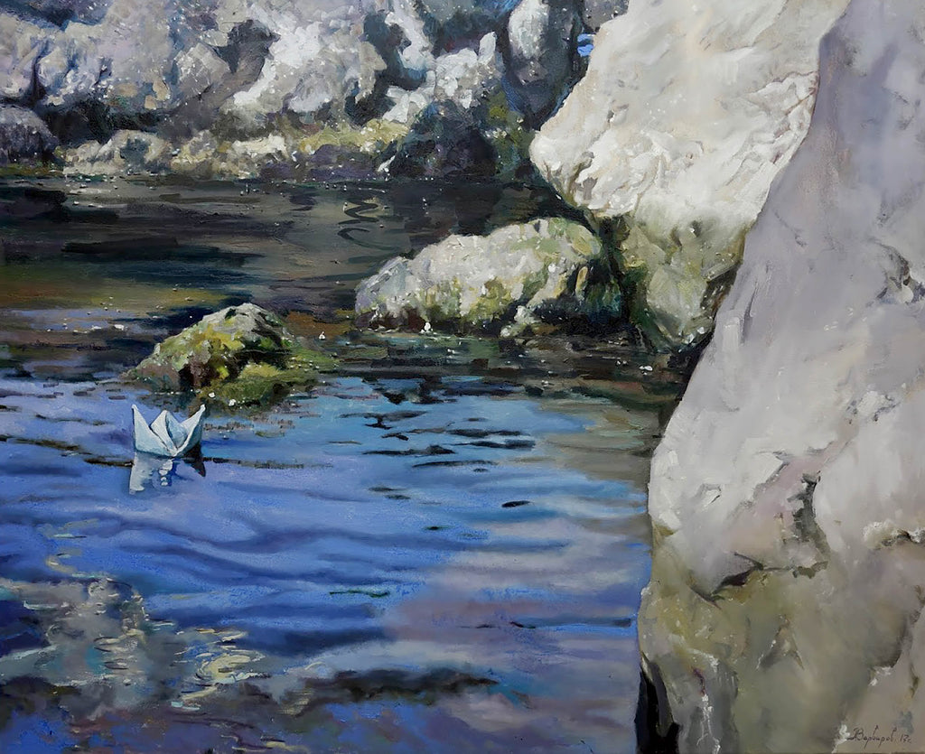 Painting of a serene water scene with rocks and a paper boat.