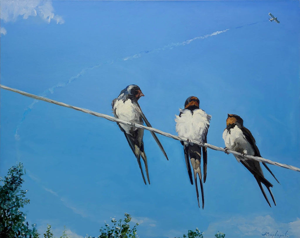 Three birds perched on a wire against a blue sky with a plane in the distance.