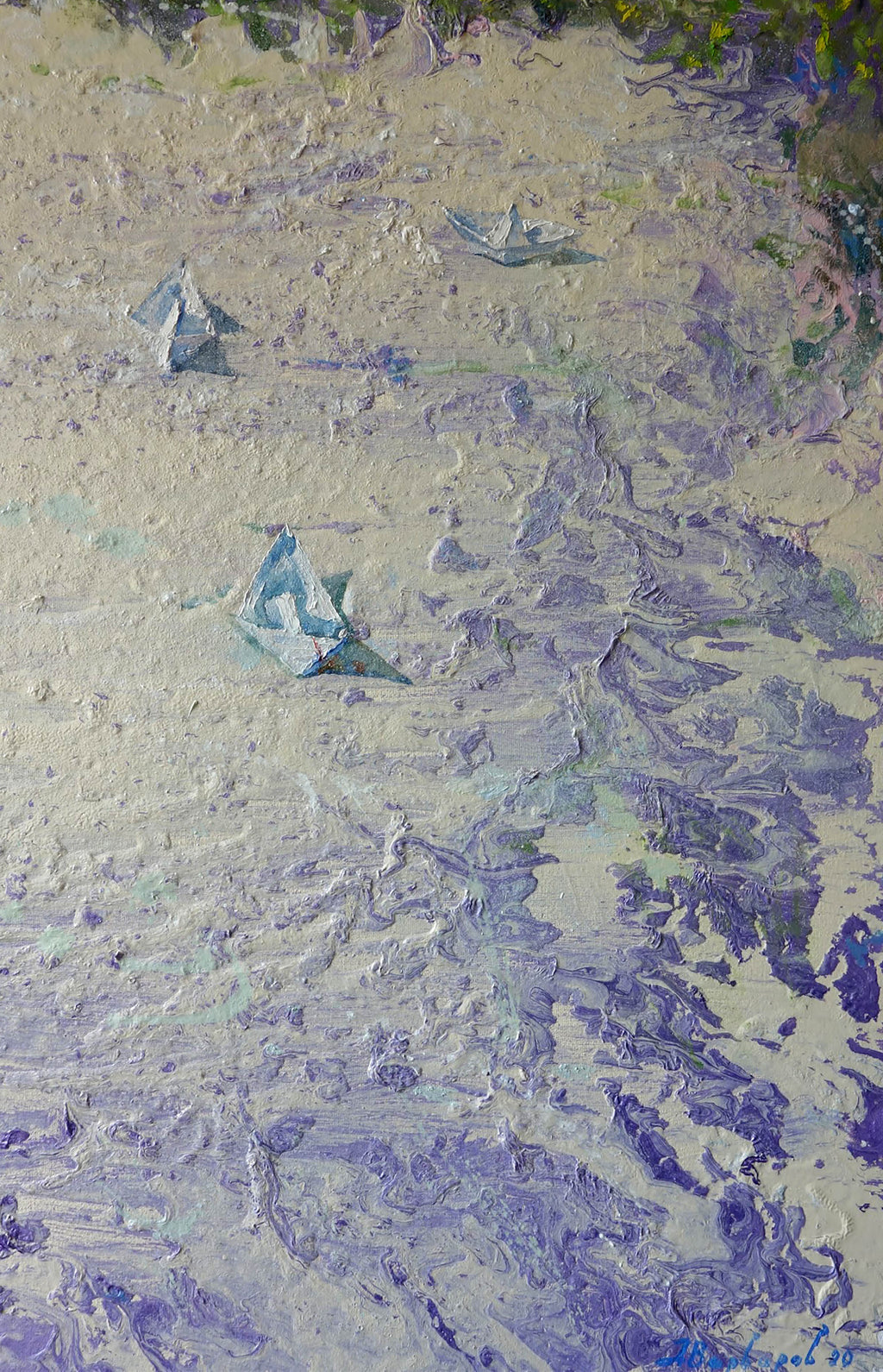 Abstract art with wavy patterns in purple and green