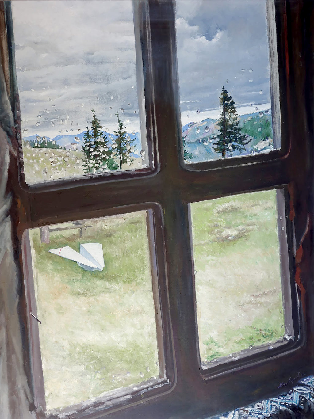 Window view with grass, trees, and a cloudy sky