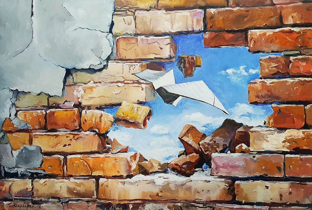 Artistic depiction of a broken brick wall with a window showing a blue sky.
