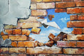 Artistic depiction of a broken brick wall with a window showing a blue sky.