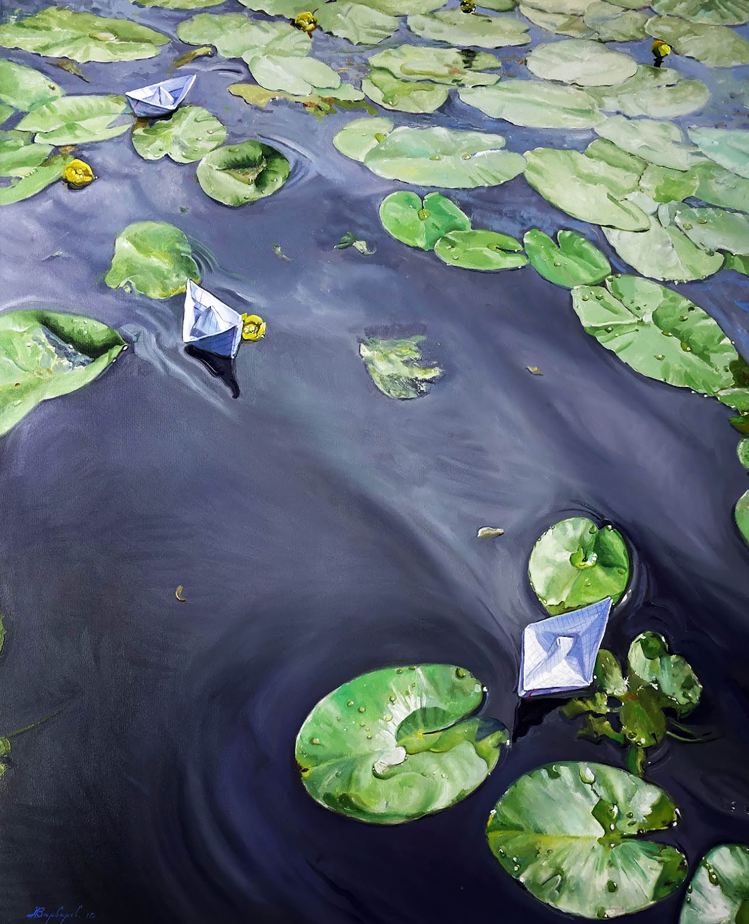 Two paper boats on water surrounded by green lily pads