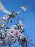 Flowering tree branch with white and pink blossoms against a blue sky.