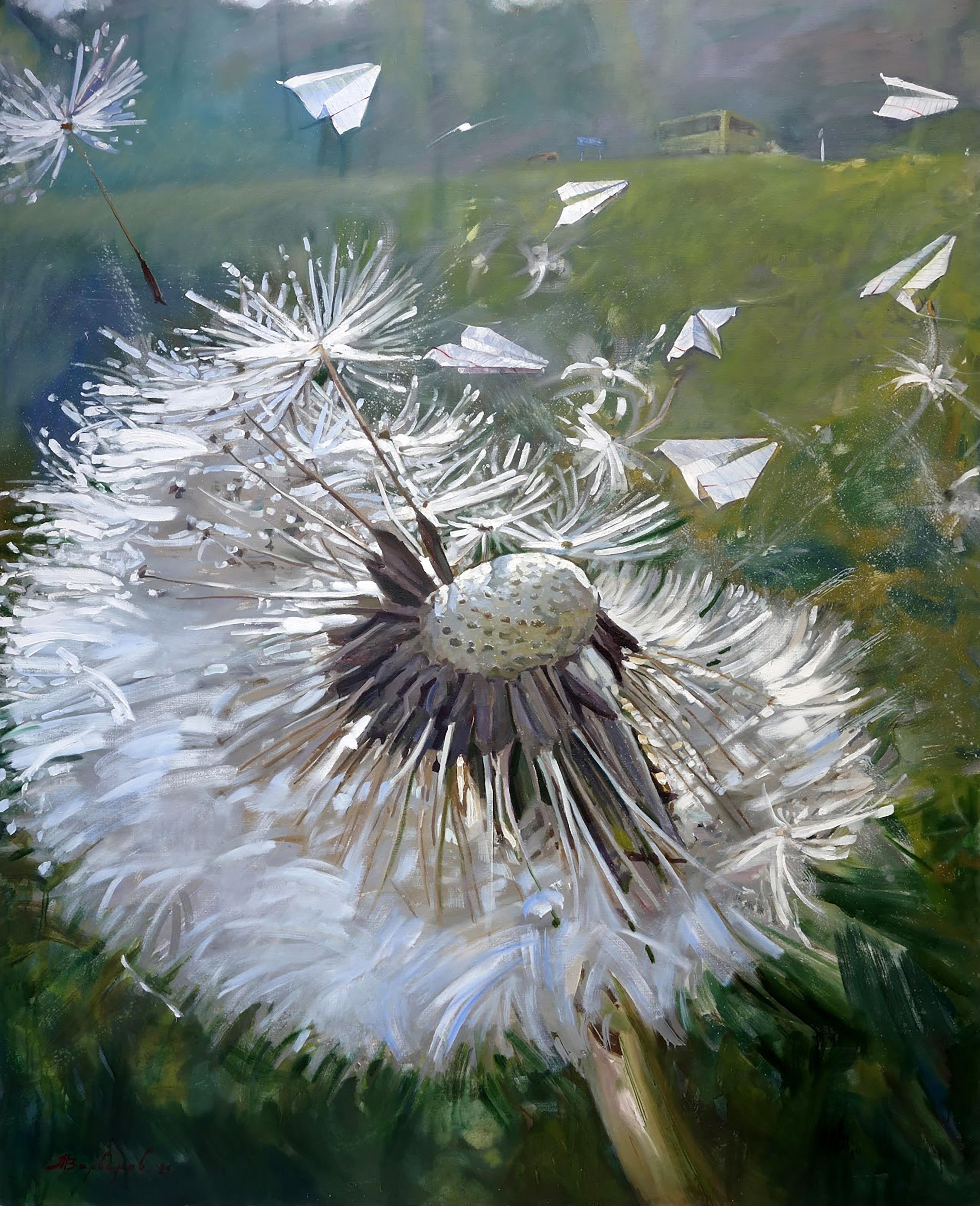 Close-up of a dandelion flower with seeds blowing away, set against a blurred natural background.