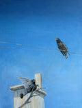 Two birds on a wire with a clear blue sky background