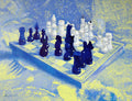 Chessboard with blue and white chess pieces on a textured blue and yellow background
