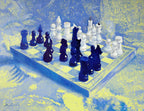 Chessboard with blue and white chess pieces on a textured blue and yellow background