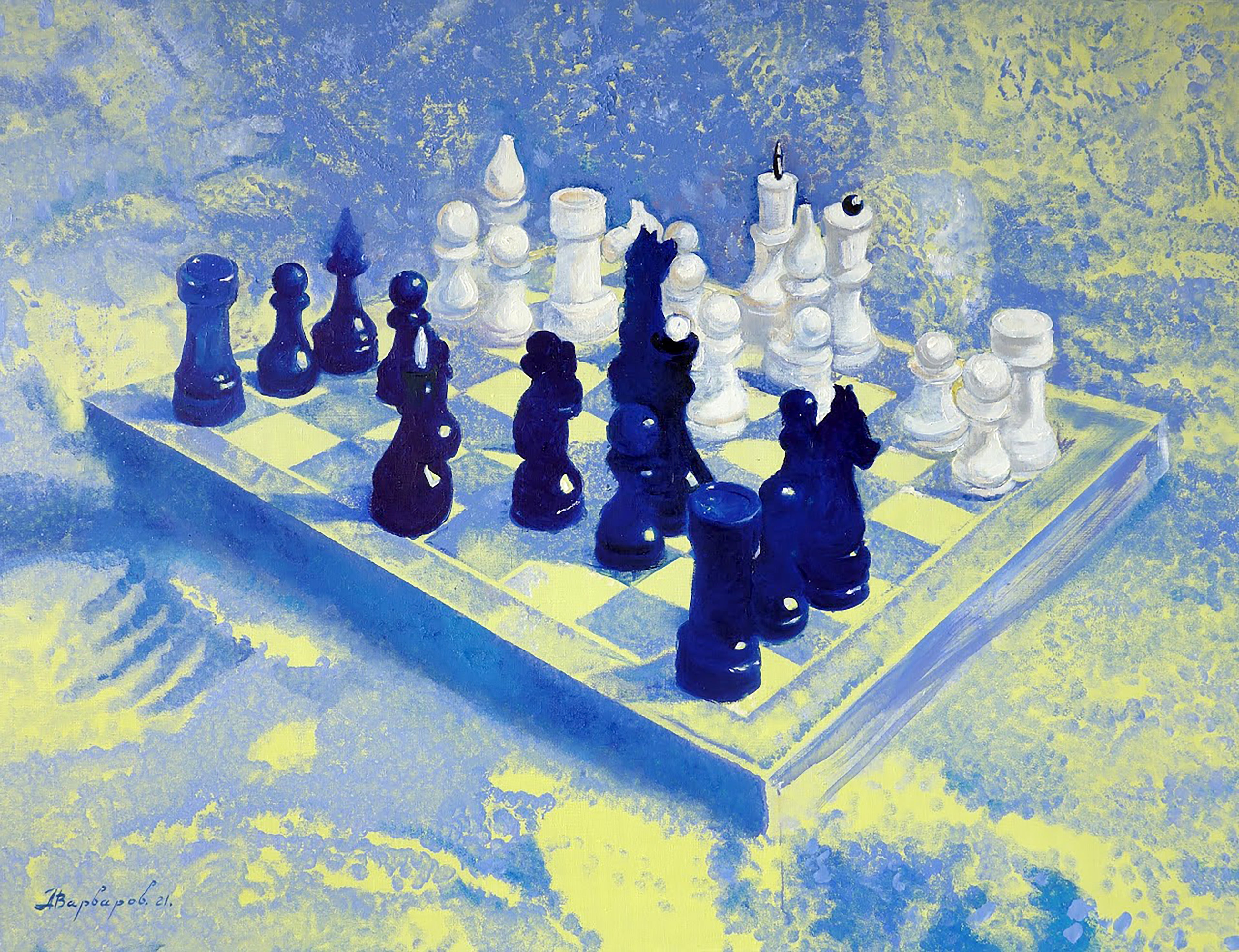 Chessboard with blue and white chess pieces on a textured blue and yellow background