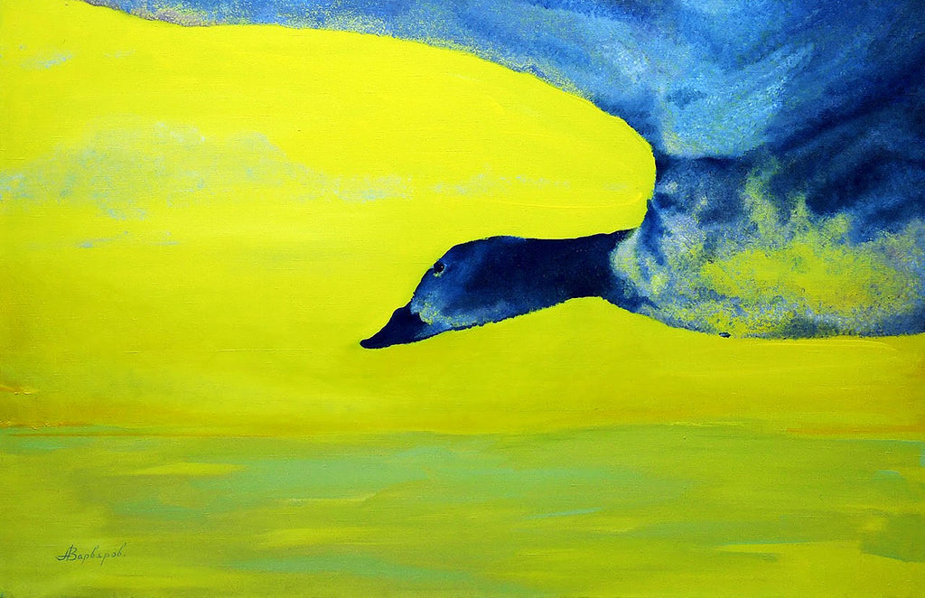 Abstract painting of a duck in water with blue and yellow colors